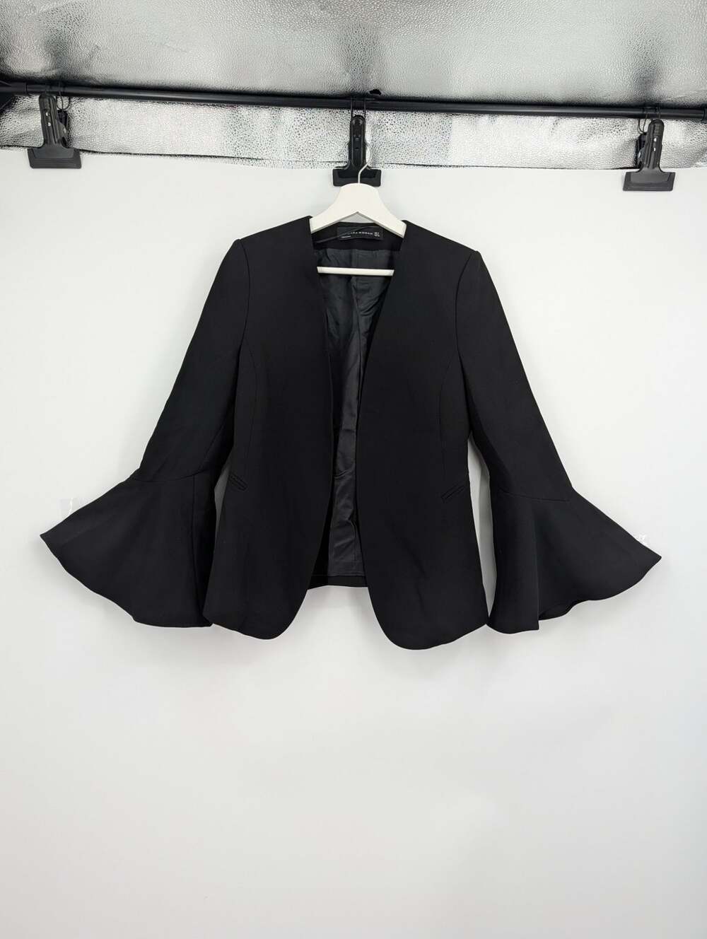 Zara Women Flare Bell Sleeve Black Open Front Blazer Small Witchy Feminine Work